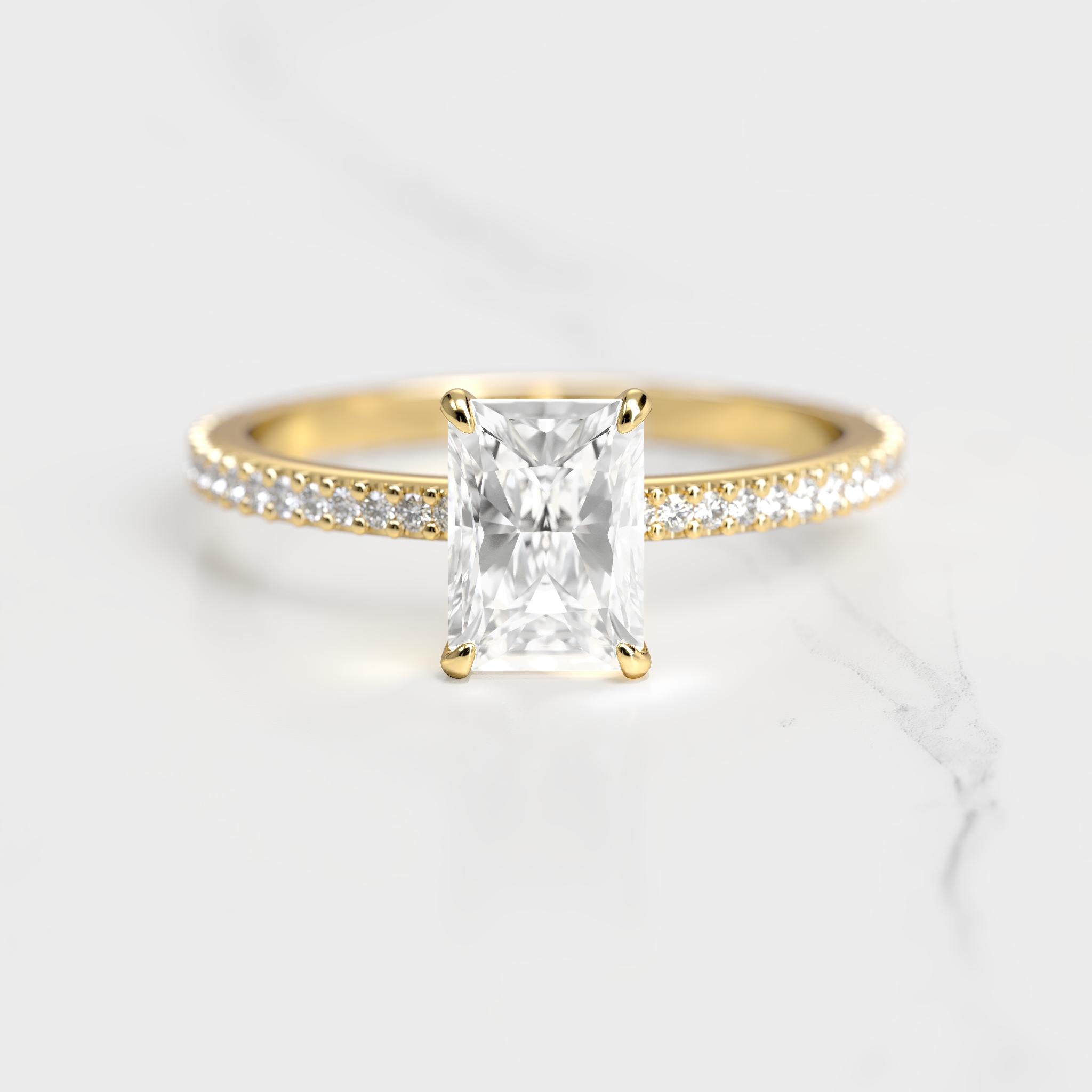 Radiant Half Pave Tapered Diamond Ring - 14k yellow gold / 1ct / lab diamond
