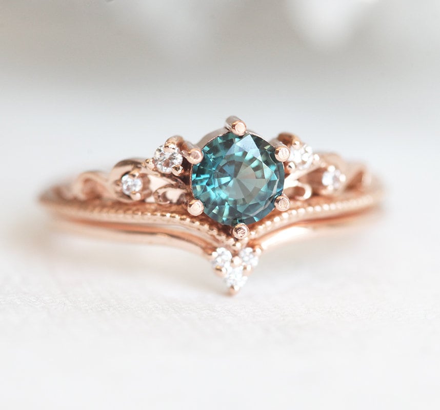 Teal Sapphire Engagement Ring, Round Antique Wedding Diamond Set, milgrain vintage set - 14k yellow gold
