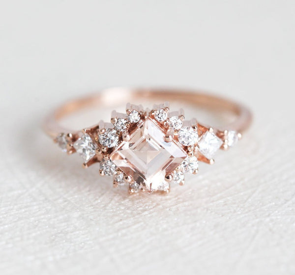 Beautiful princess cut morganite and diamond cluster ring