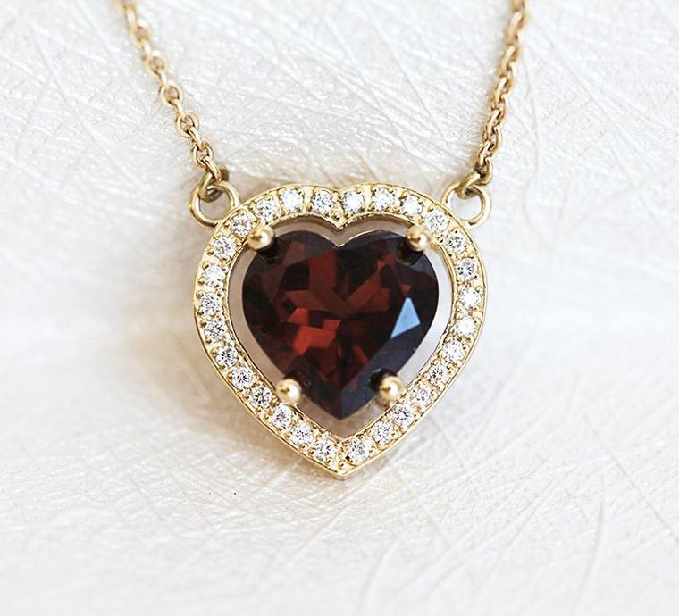 Red heart shaped garnet & diamond halo necklace