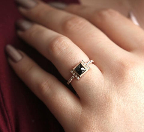 inverted princess cut black diamond ring