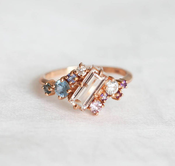 large gold morganite and sapphire cluster ring