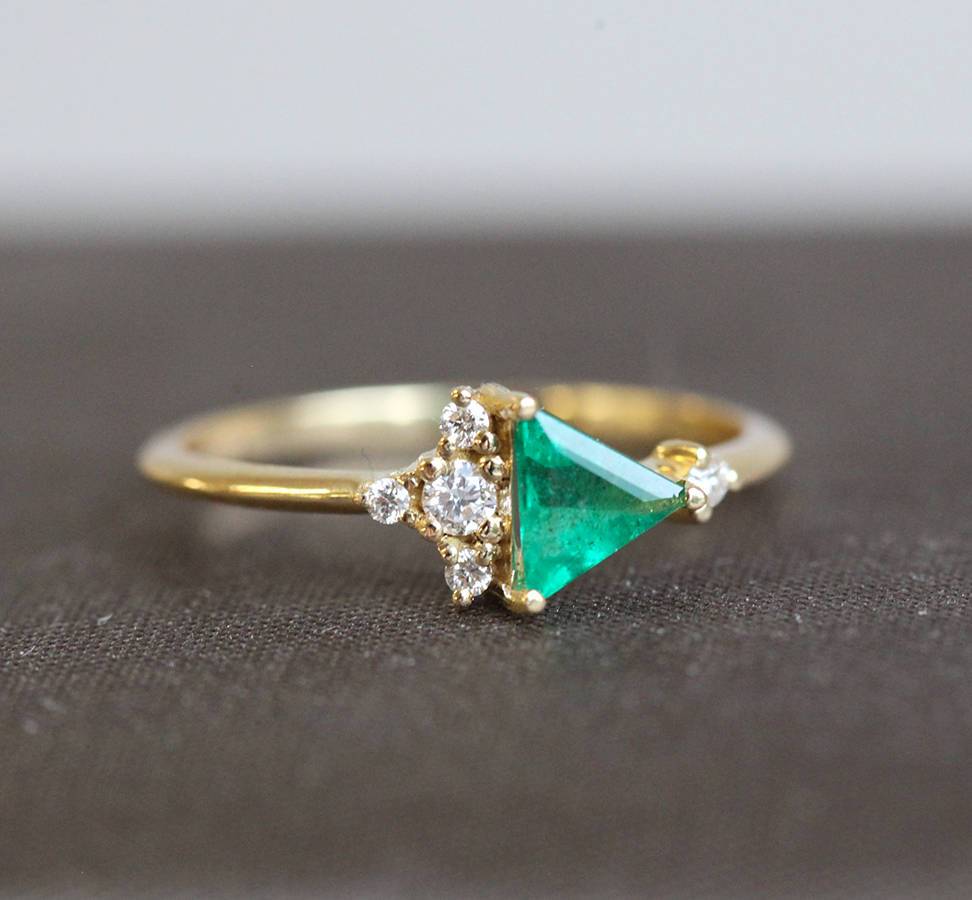  Asymmetrical Lena Emerald Ring with triangle-cut emerald and diamond cluster