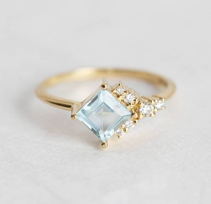 Modern blue aquamarine & diamond cluster ring