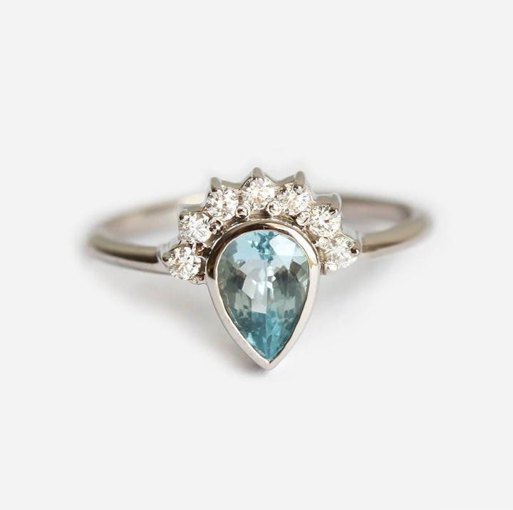 Pear aquamarine & diamond crown ring