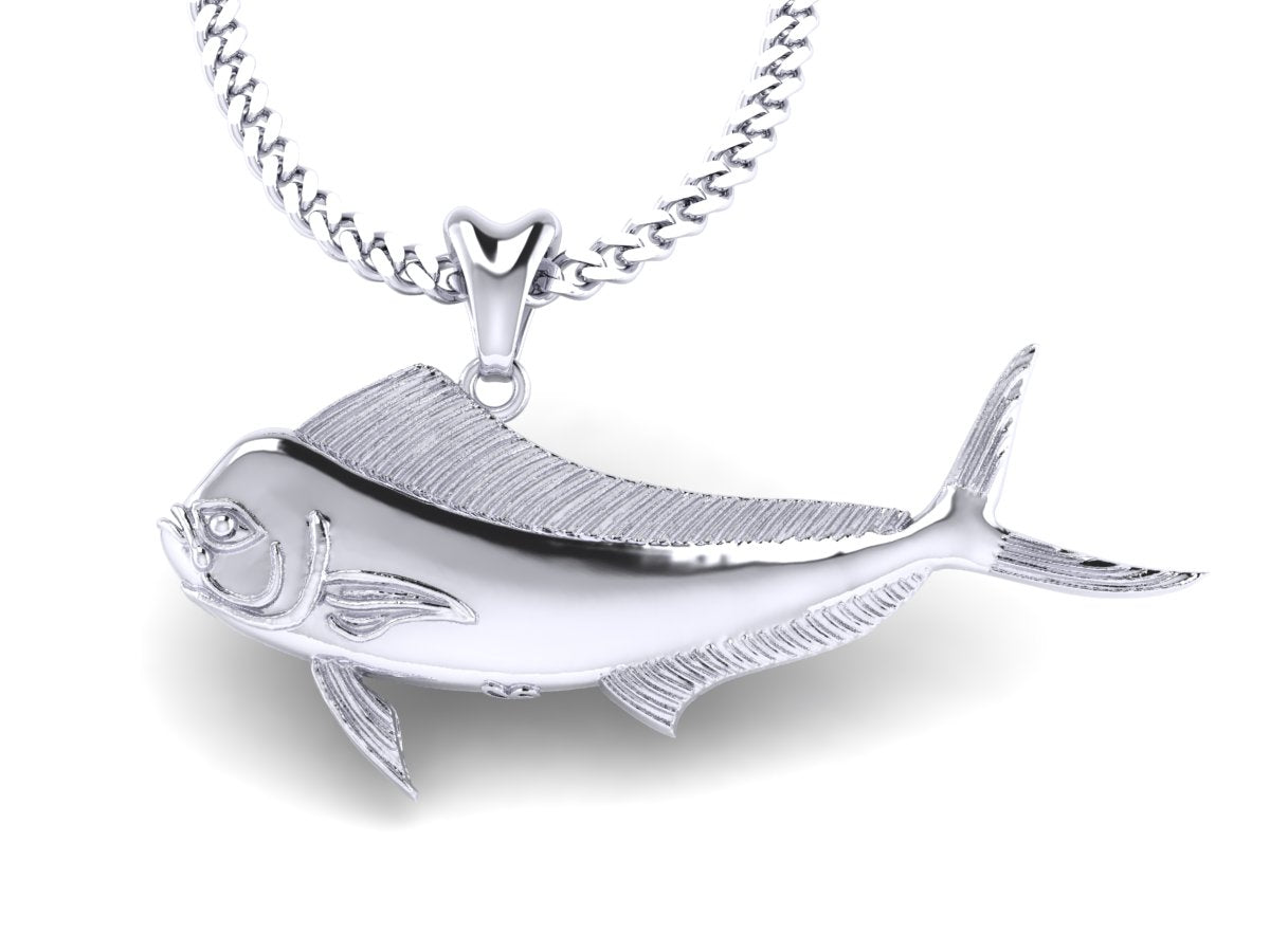 Solid White Gold Diamond Cut Big Game Fishing Bass Fish Pendant Necklace