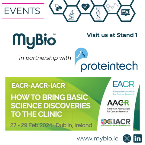 Graphic of MyBio logo with Proteintech logo and EACR-AACR-IACR event logo