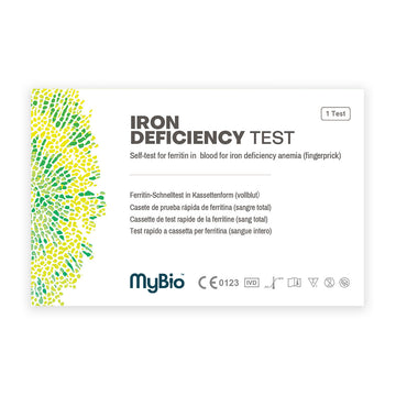 MyBio self test - Iron Deficiency Test tests levels of Ferritin in the blood - gives you an indication of a possible iron deficiency.