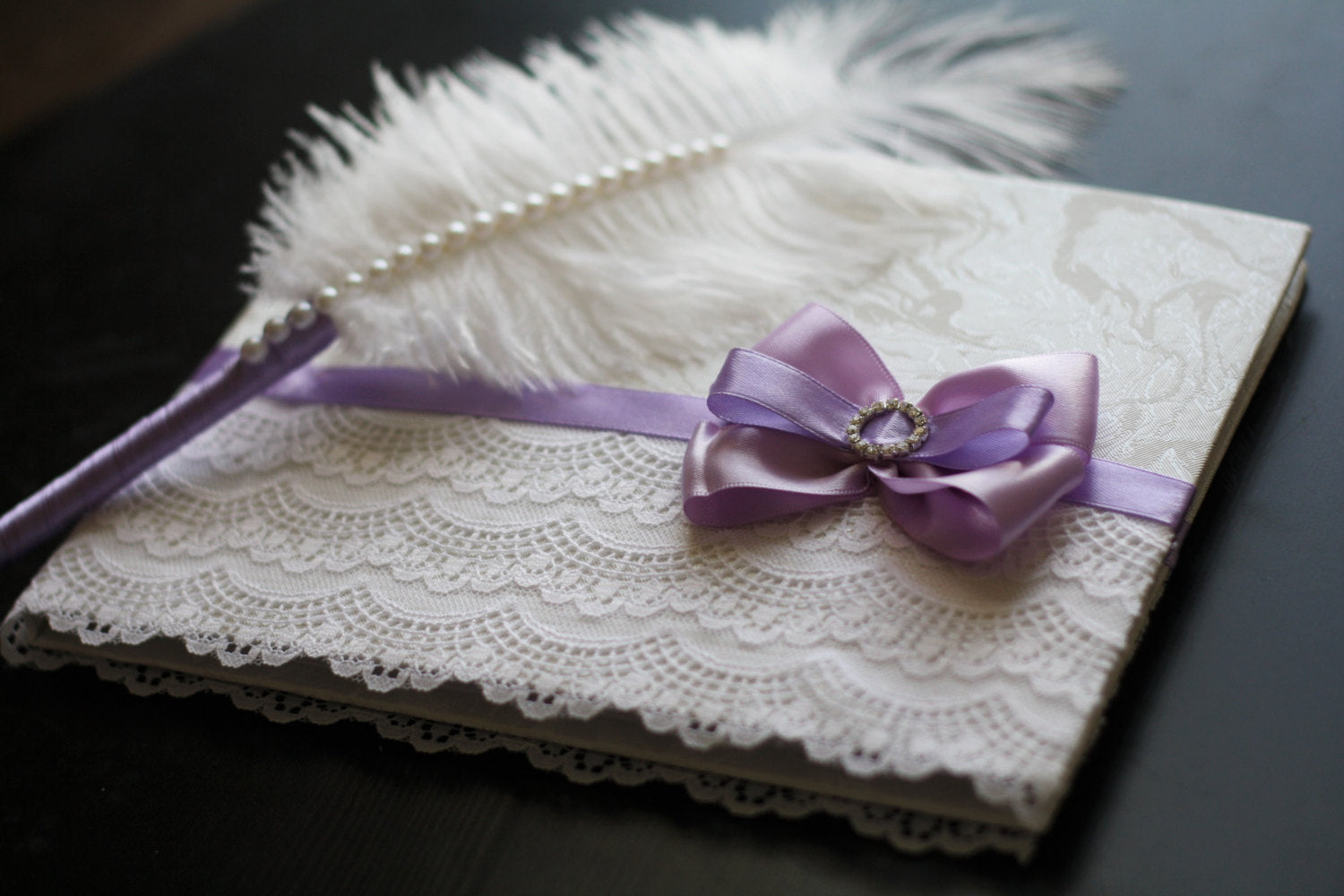 Purple White Signin Book And Ostrich Feather Violet Pen Wedding