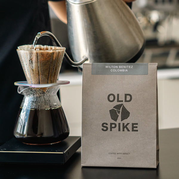 Old Spike specialty Colombian coffee Wilton Benitez being brewed as a pour over