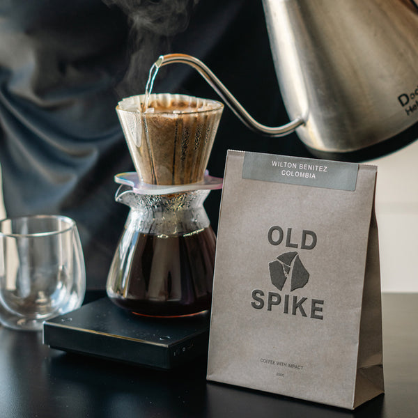 Old Spike specialty Colombian coffee Wilton Benitez being brewed as a pour over