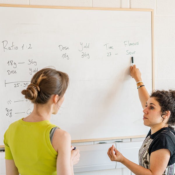 Woman teaching specialty coffee brewing education on a whiteboard