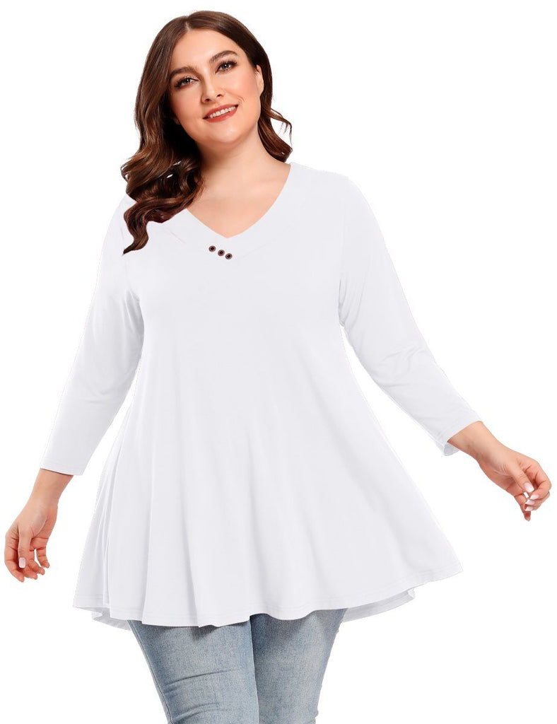 Women's Plus Size V Neck Blouses 3/4 Sleeve Basic T Shirt-LARACE 8058