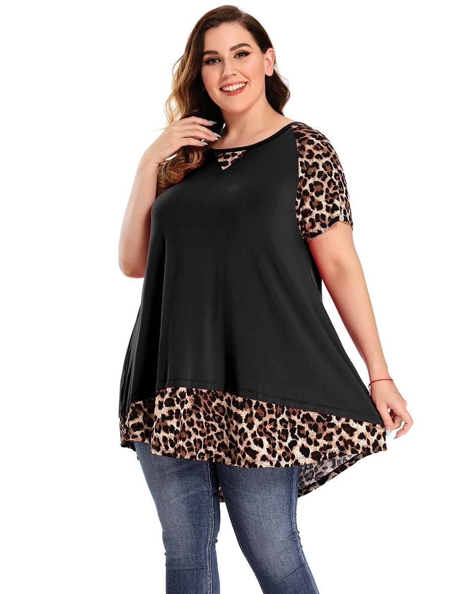 LARACE Plus Size Tunic Leopard Tops for Women Contrast Short Summer T-Shirt-8065 95% Rayon, 5% SpandexStylish Women - Leopard print decorating on the cuffs and hem, especially the