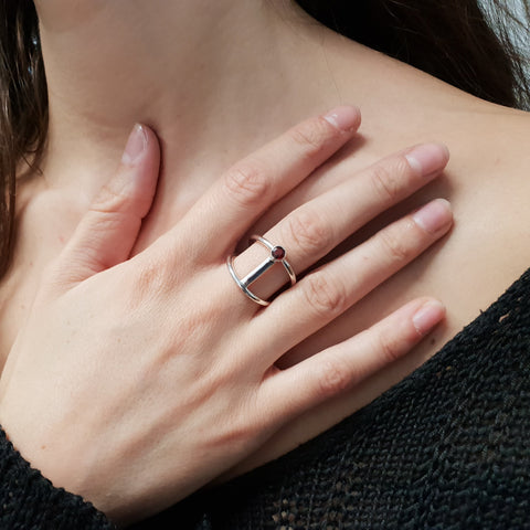 Garnet Silver Bar Ring