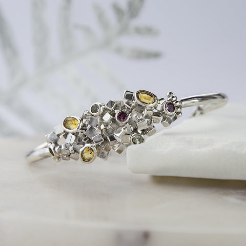 Silver Cubed Citrine and Tourmaline Bangle