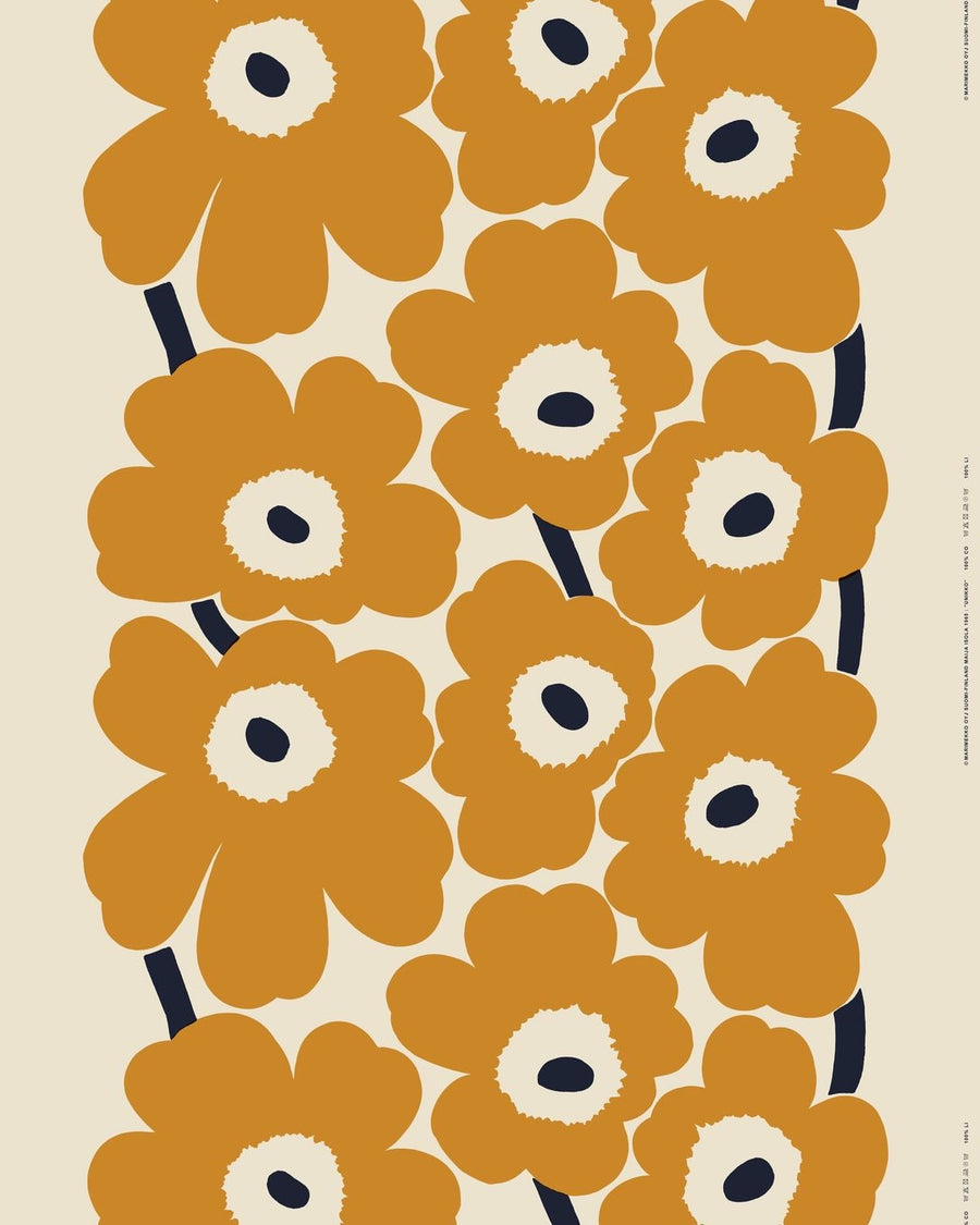 Marimekko Unikko Saffron / Navy Cotton / Linen Fabric – the design court