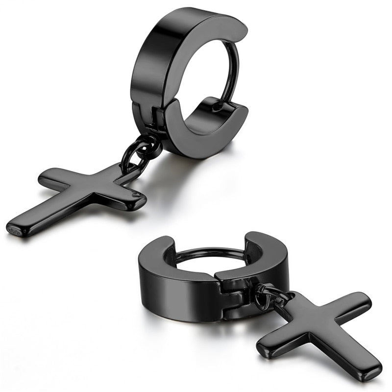 Men Black Cross Earrings Stainless Steel Drop Earring – LABONNI