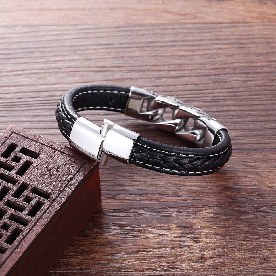 Handmade Genuine Leather Titanium Steel Men's Bracelets Bangles – LABONNI