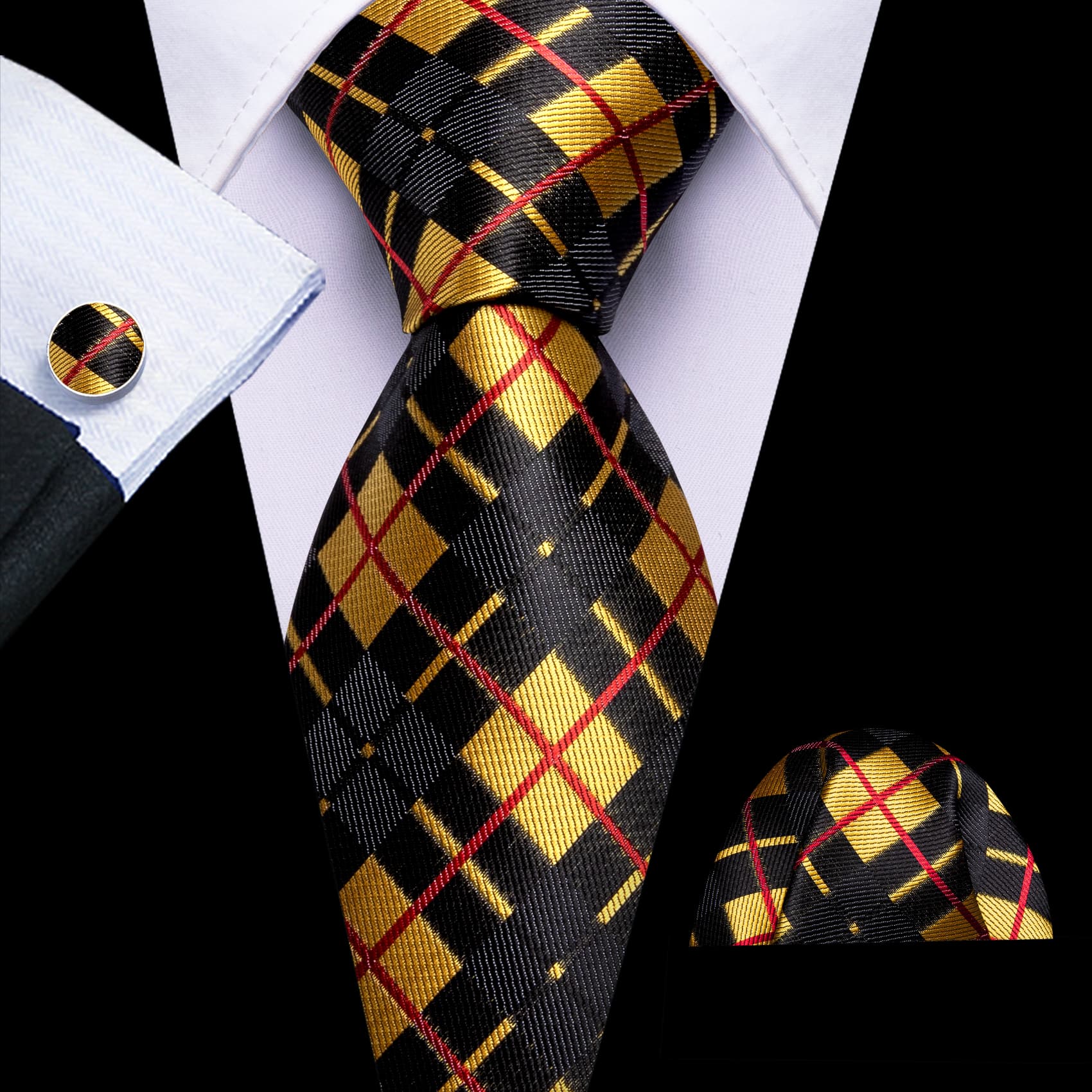 Ties2you Silk Tie Men's Plaid Black Gold Tie Pocket Square Cufflinks Set for Work Dresses