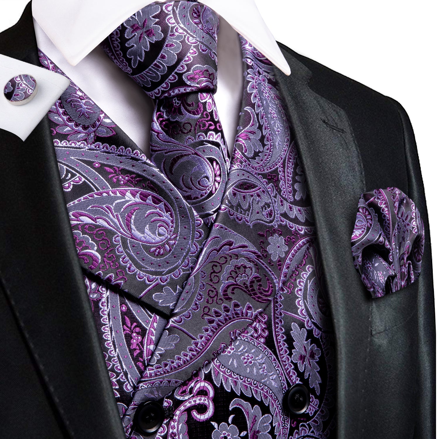 Ties2you Men's Vest Purple Paisley Jacquard Silk Vest Hanky Cufflinks Tie Set