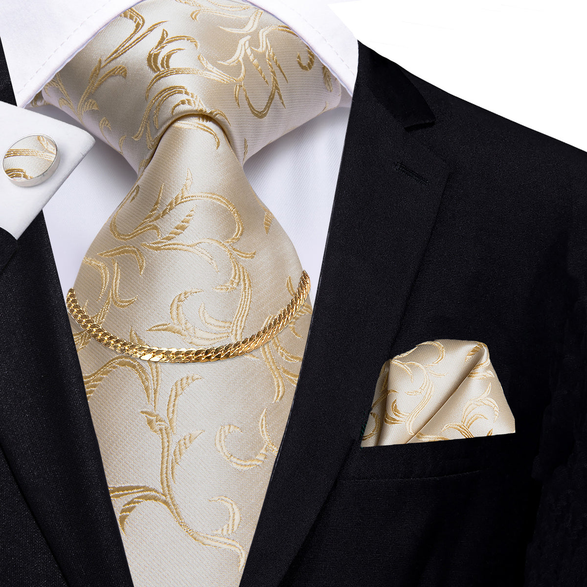 Champagne Floral Silk Fabric Men's Tie Hanky Cufflinks Set with Tie Ch ...