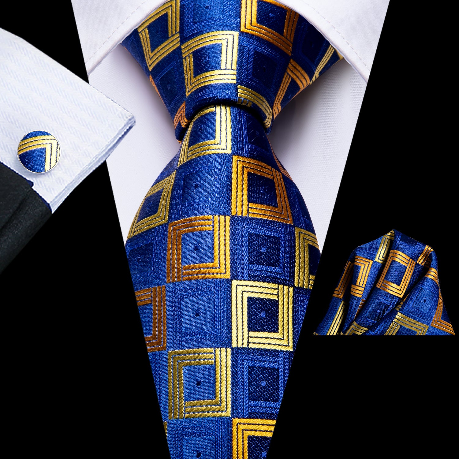 Blue Gold Square Grid Tie Pocket Square Cufflinks Set