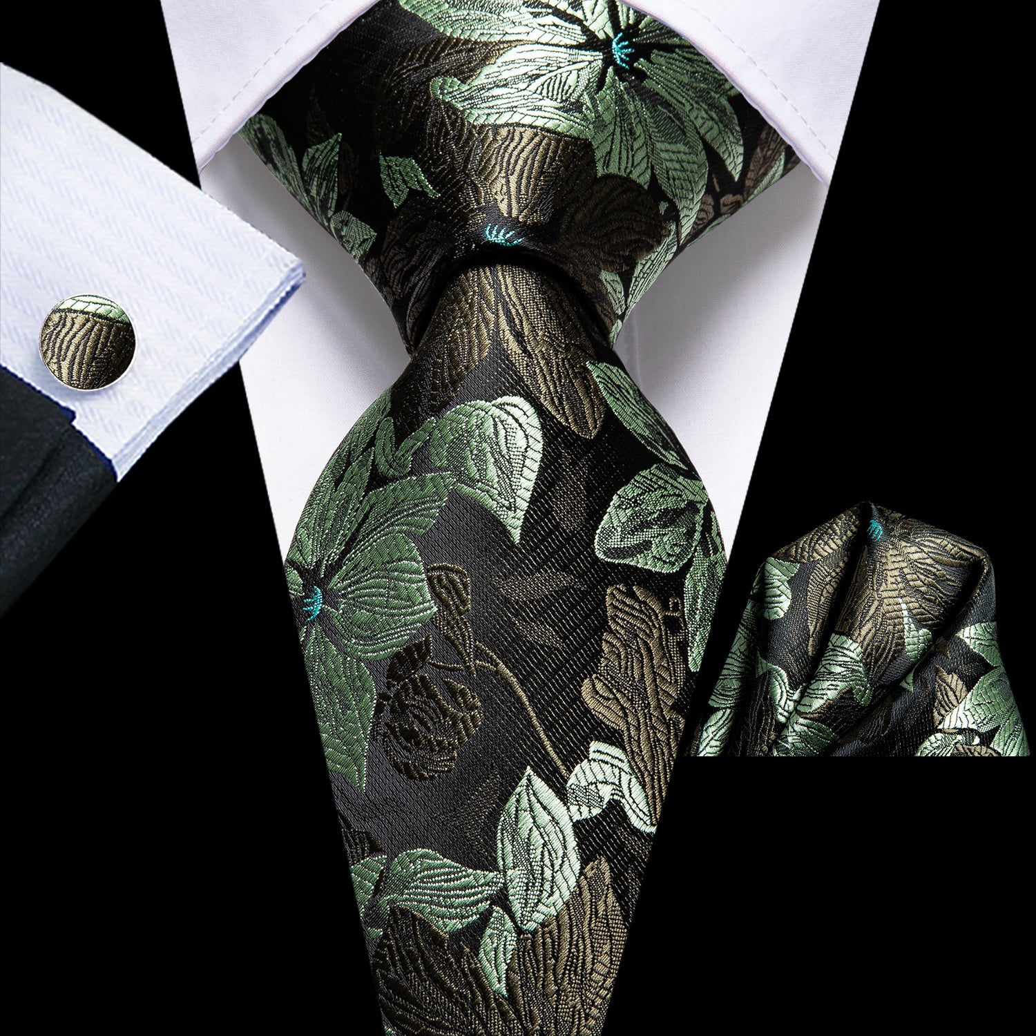 Black Green Floral Necktie Pocket Square Cufflinks Set