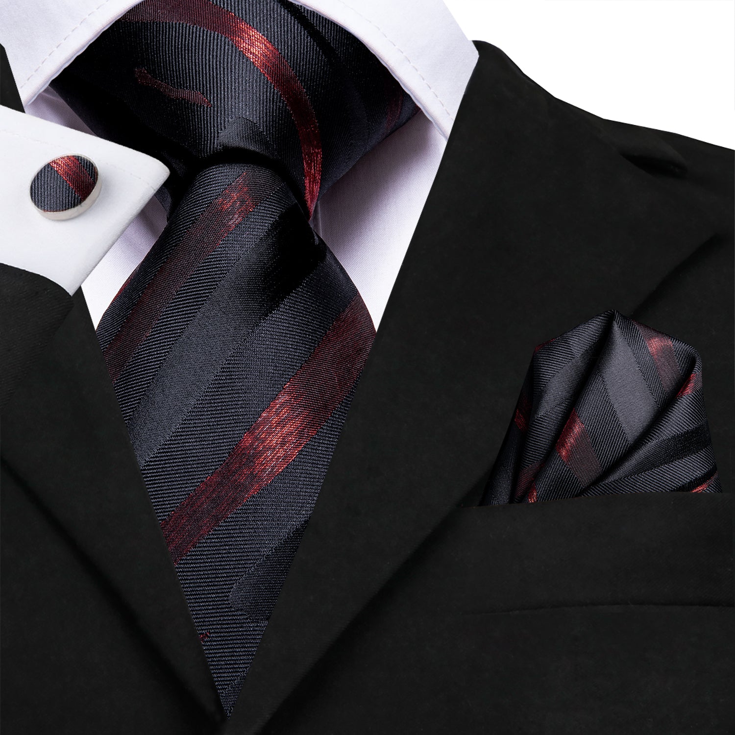 Black Red Striped Necktie Pocket Square Cufflinks Set – ties2you