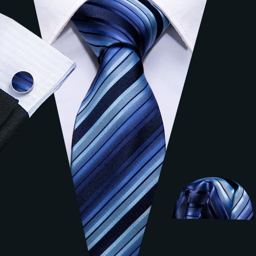 Fashion Blue Black Striped Men's Tie Pocket Square Cufflinks Set