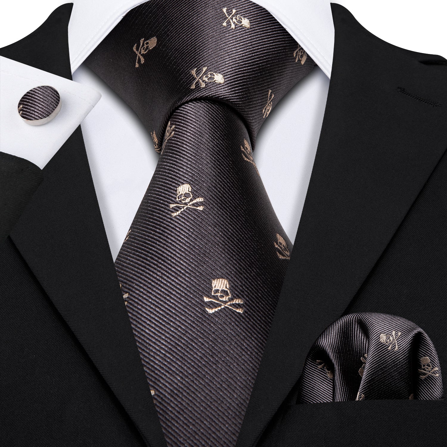 Ties2you Silk Tie Novelty Black Brown Skull Men's Tie Handkerchief Cufflinks Set