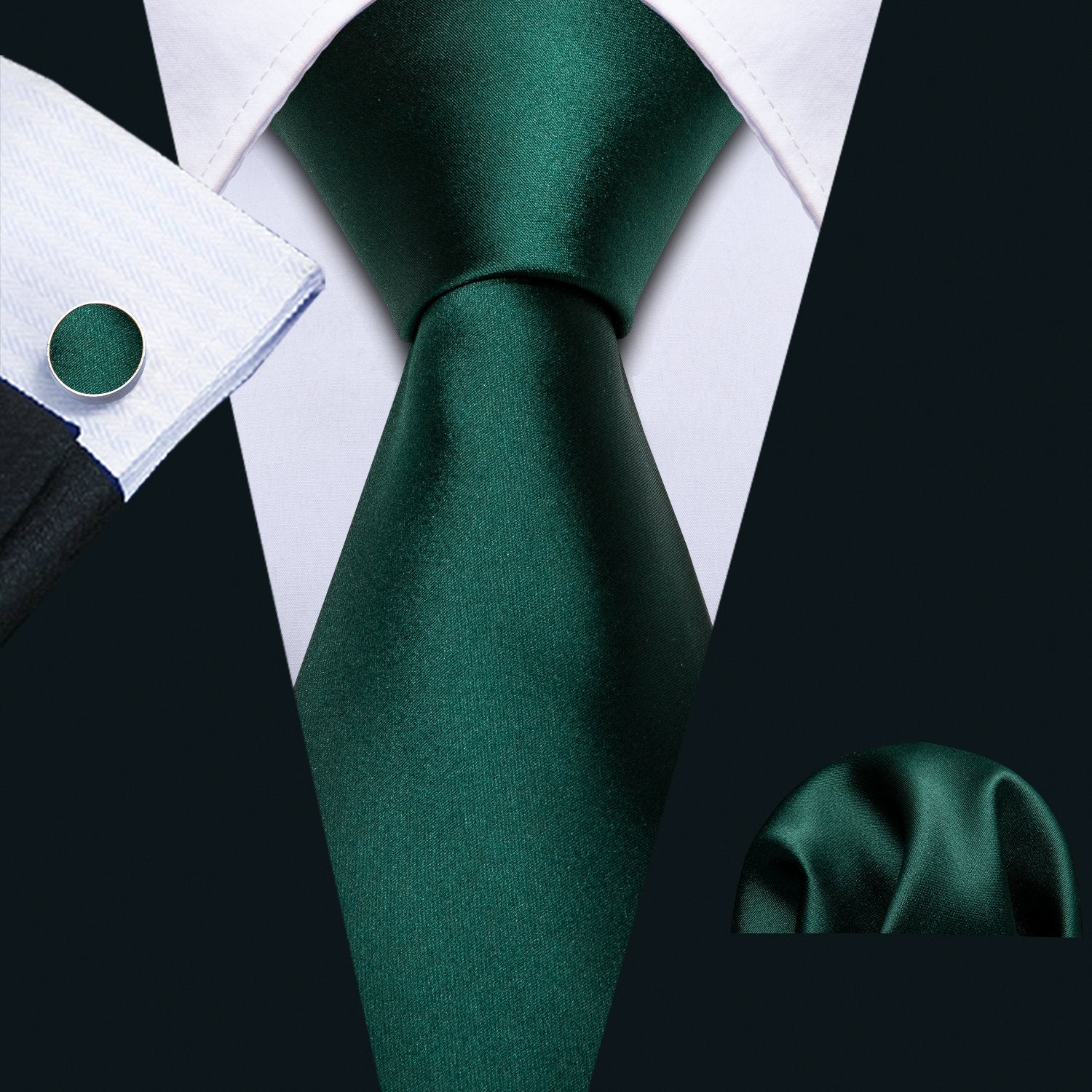 Ties2you Men's Silk Tie Dark Green Solid Necktie Pocket Square Cufflinks Set