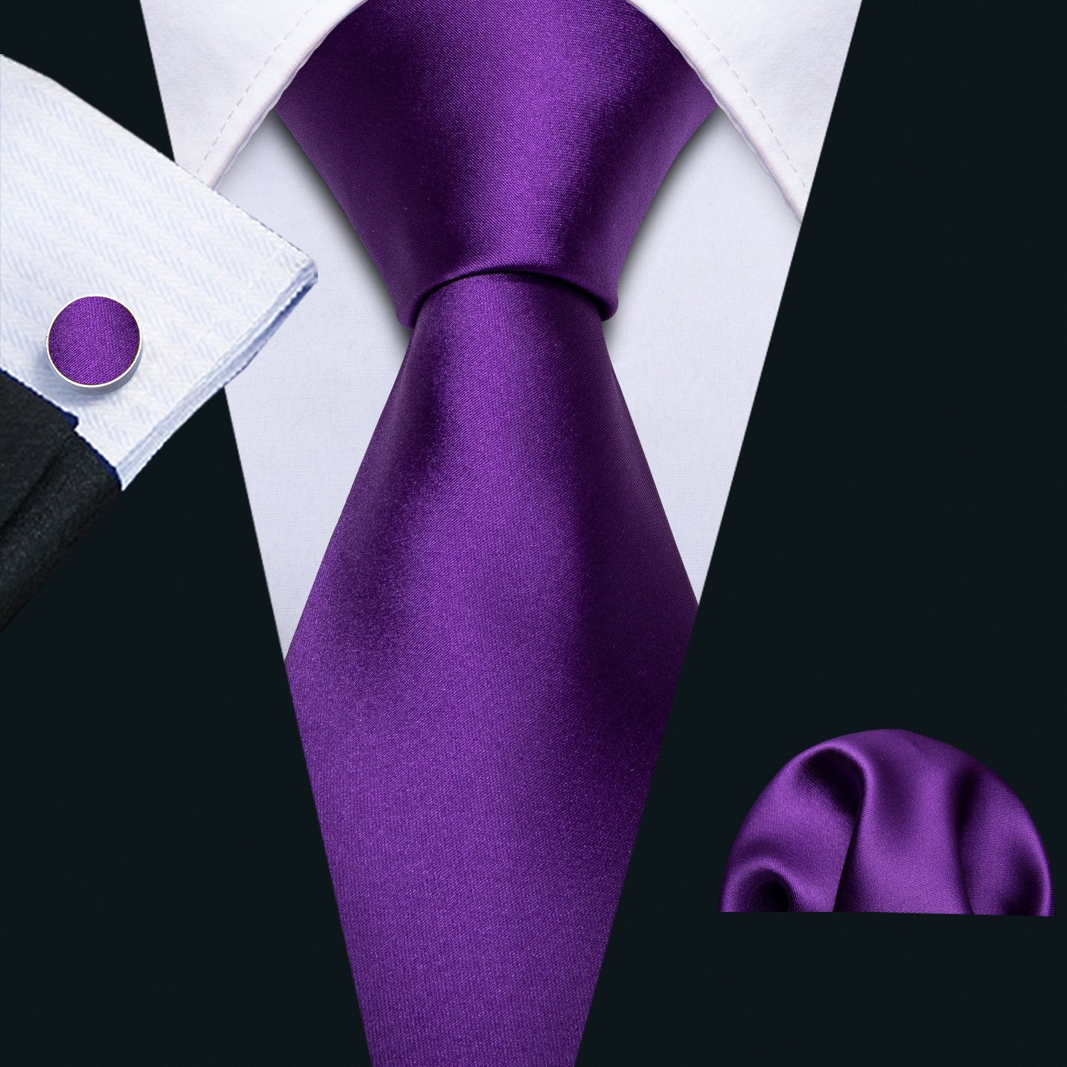 Purple Solid Necktie Pocket Square Cufflinks Set