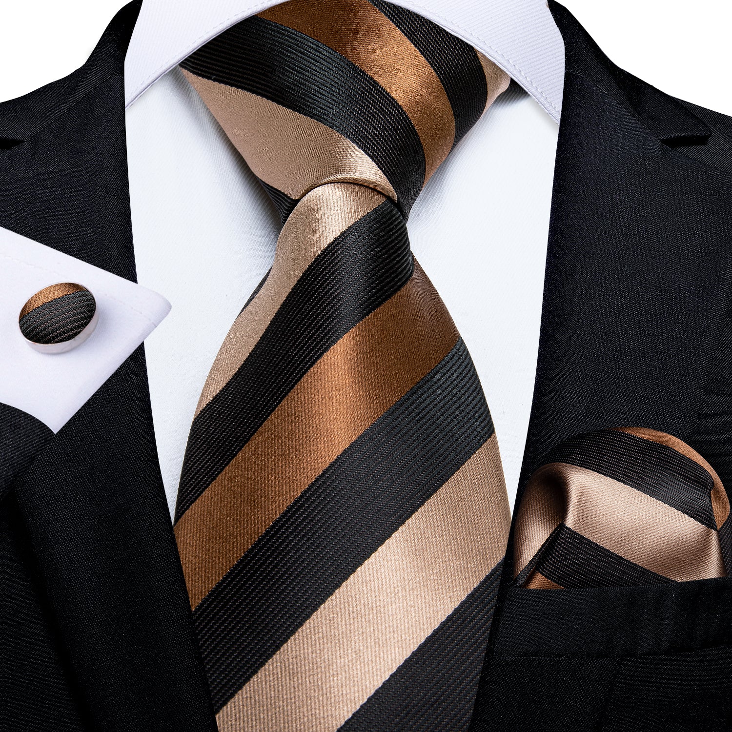 Silver Brown Black Striped Silk Men's Tie Pocket Square Cufflinks Set