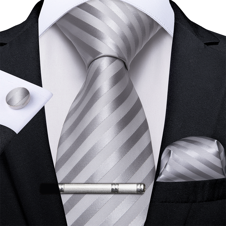 4PCS Grey Striped Necktie Hanky Cufflinks Tie Clip Set