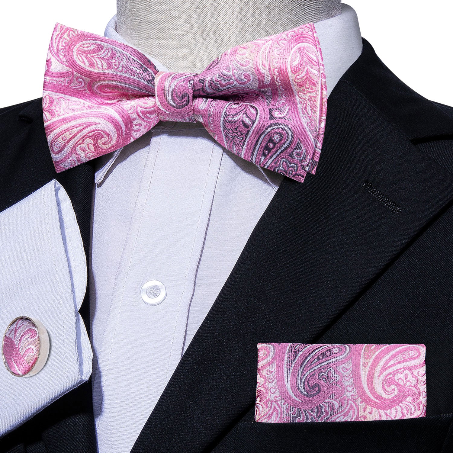 Pink Grey Paisley Pre-tied Bow Tie Hanky Cufflinks Set