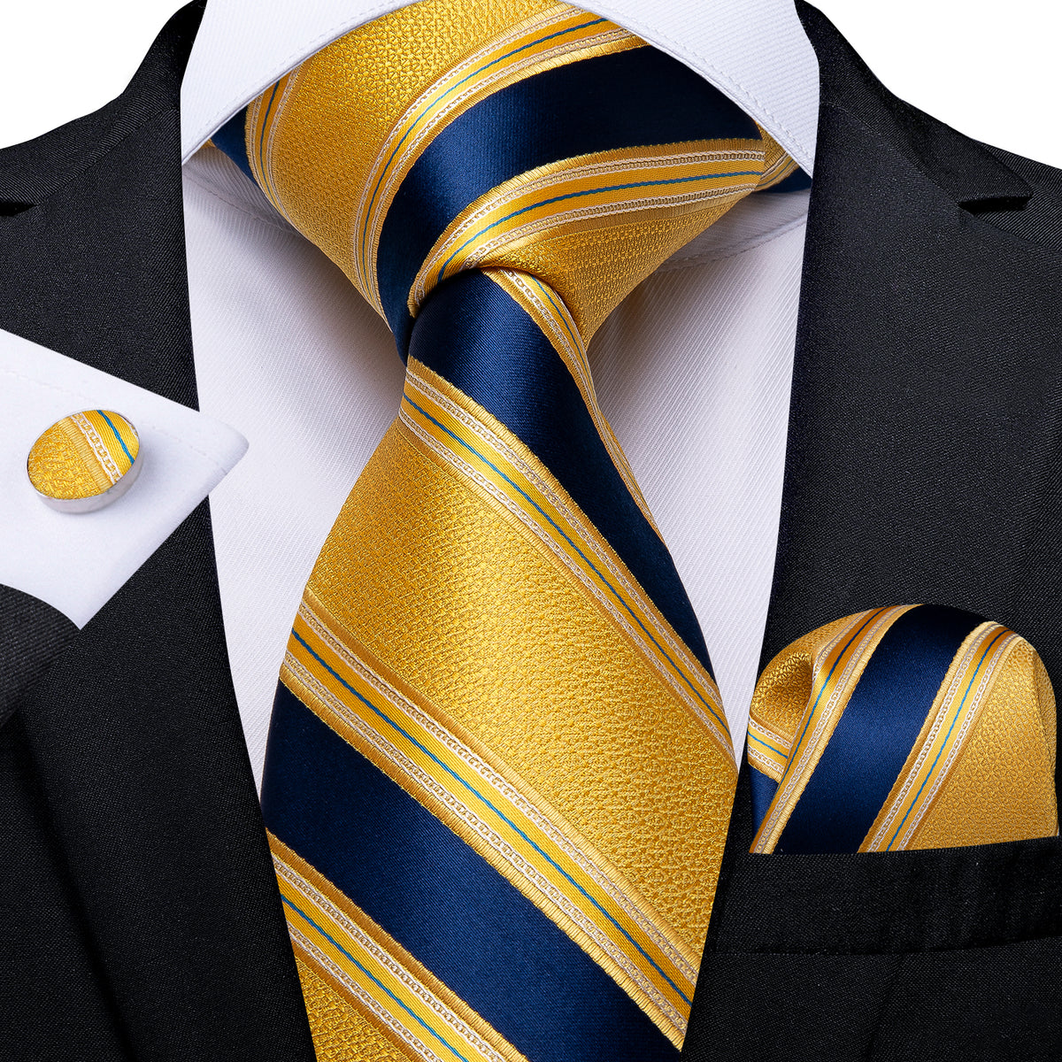 New Light Yellow Blue Striped Men's Necktie Pocket Square Cufflinks Se