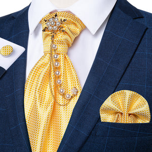 Yellow Polka Dot Silk Ascot Cravat Pocket Square Cufflinks Set With Lapel Pin