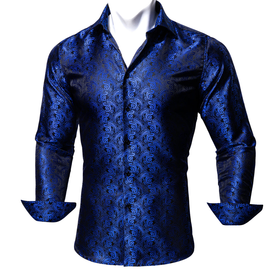 Black Blue Paisley Style Silk Men's Long Sleeve Shirt – ties2you