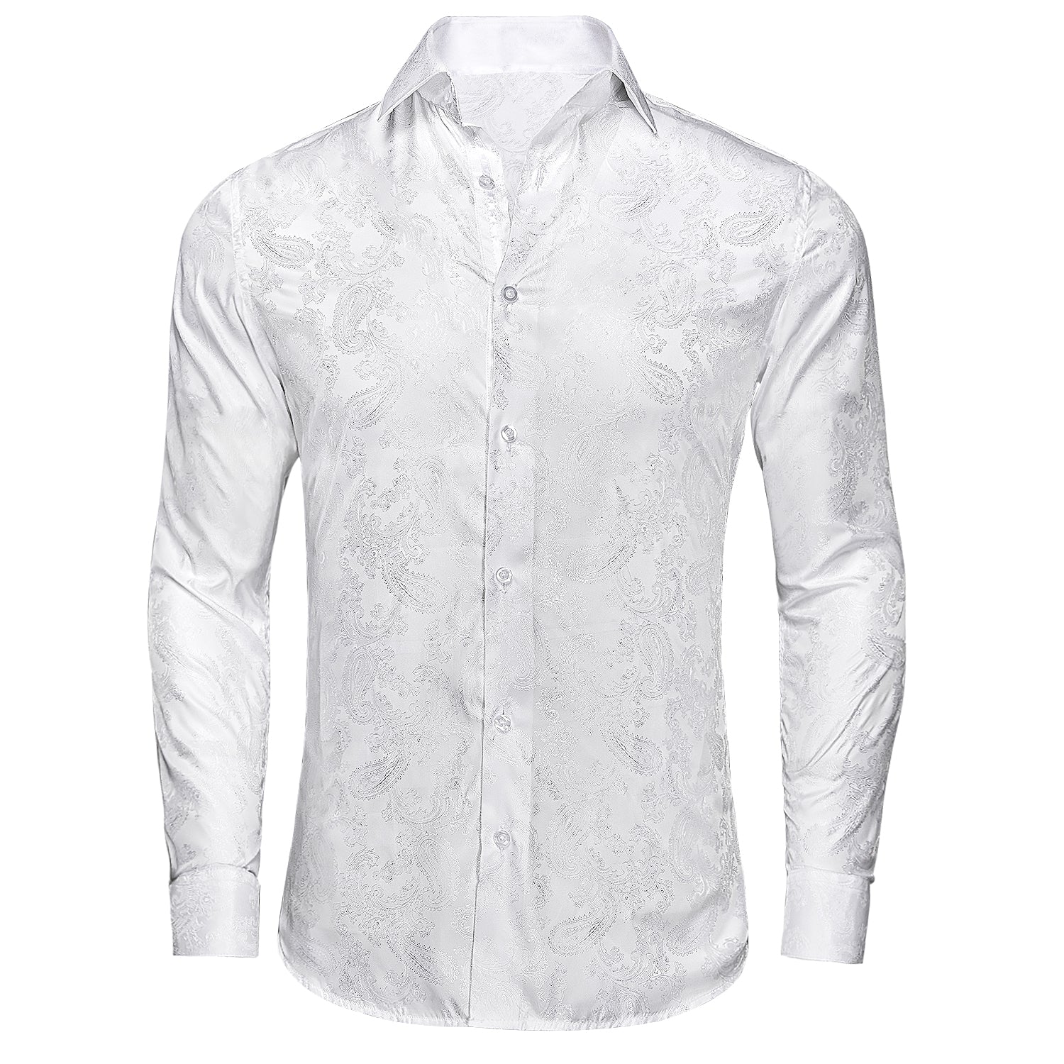 Pure White Paisley Silk Men's Long Sleeve Shirt
