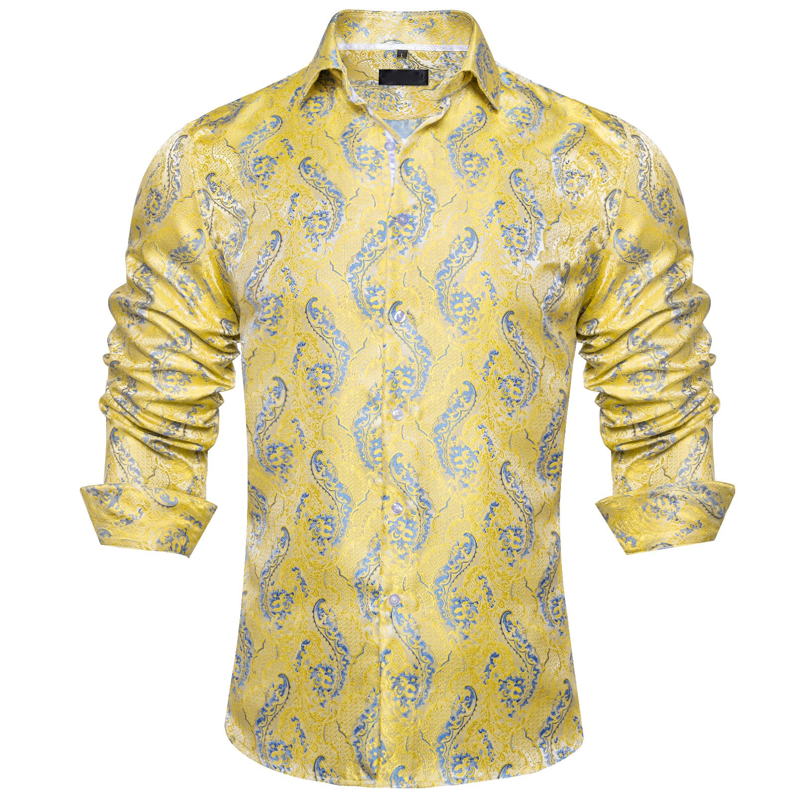 Yellow Light Blue Floral Pattern Silk Men's Long Sleeve Shirt