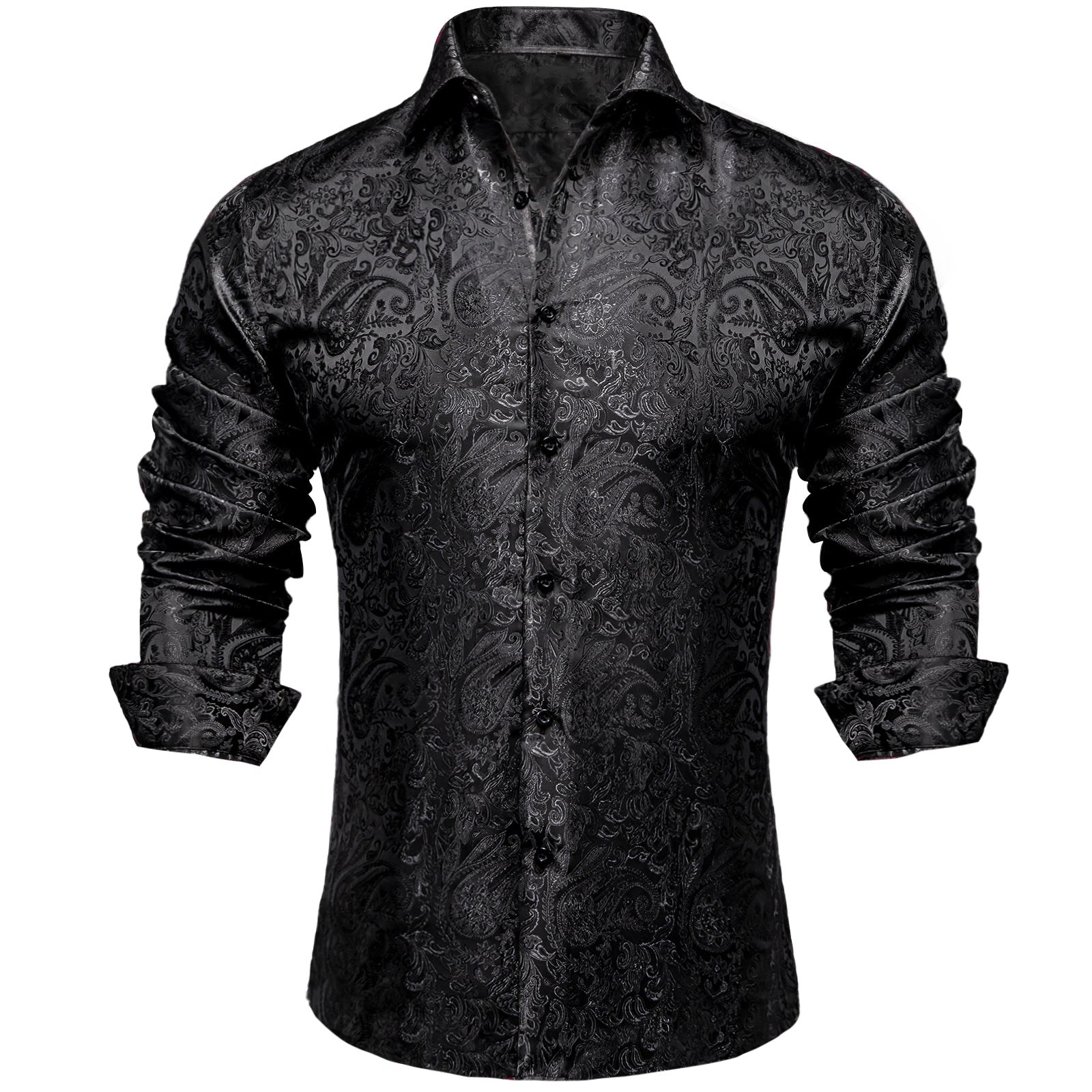 Ties2you Button Down Shirt Black Paisley Pattern Silk Men's Long Sleeve Shirt