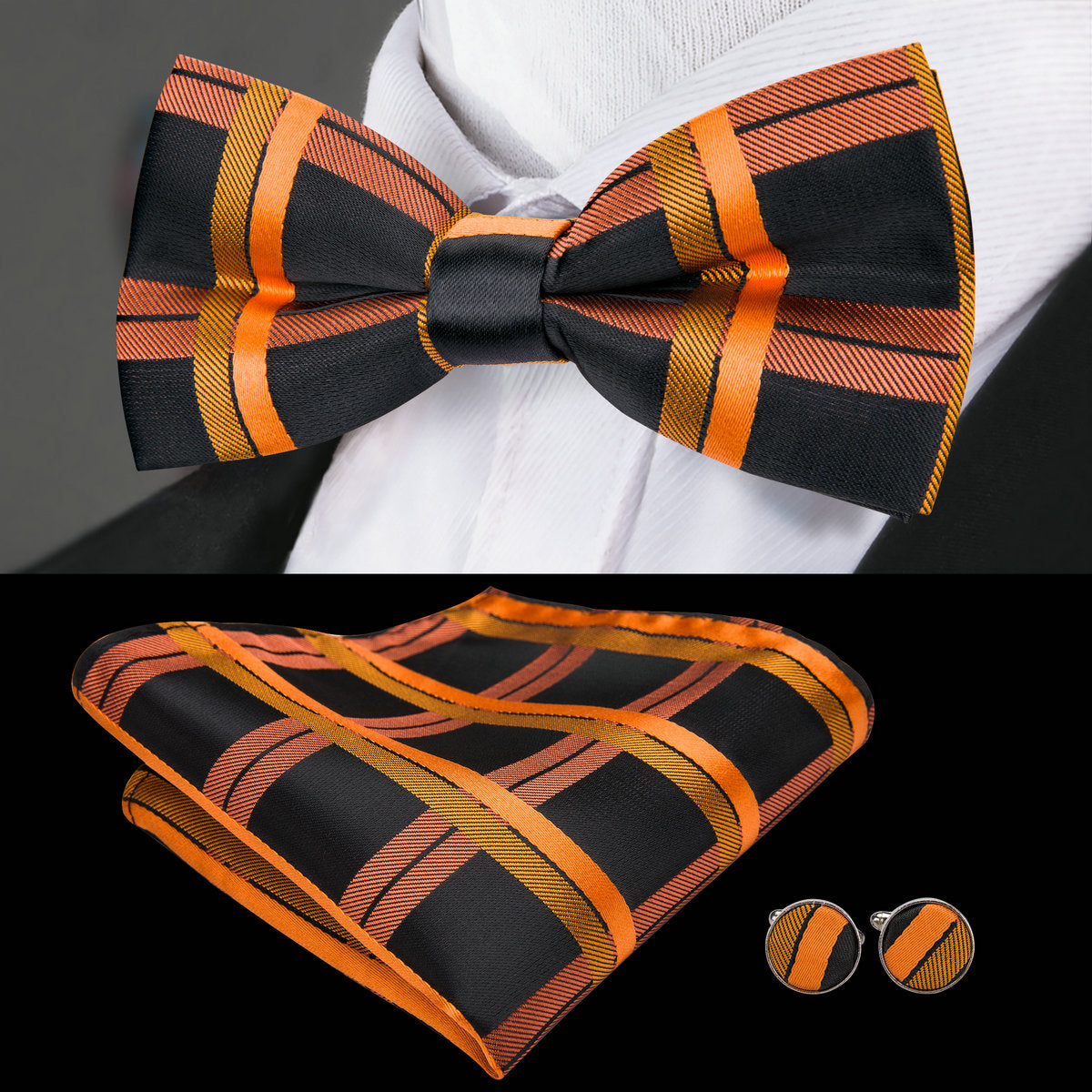 Orange Black Plaid Pre-tied Bow Tie Hanky Cufflinks Set