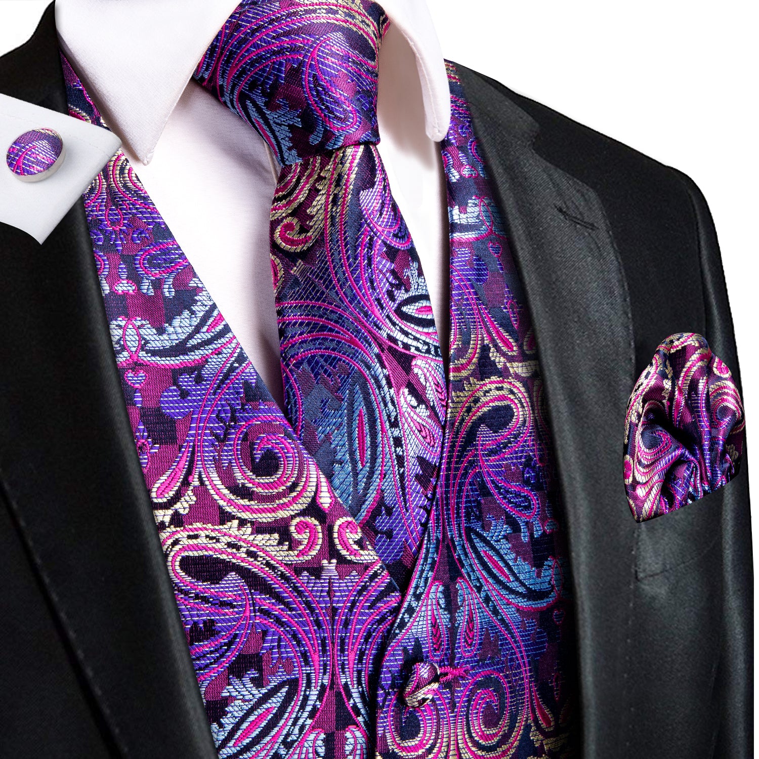 Ties2you Paisley Vest Mens Purple Jacquard Silk Men's Vest Hanky Cufflinks Tie Set