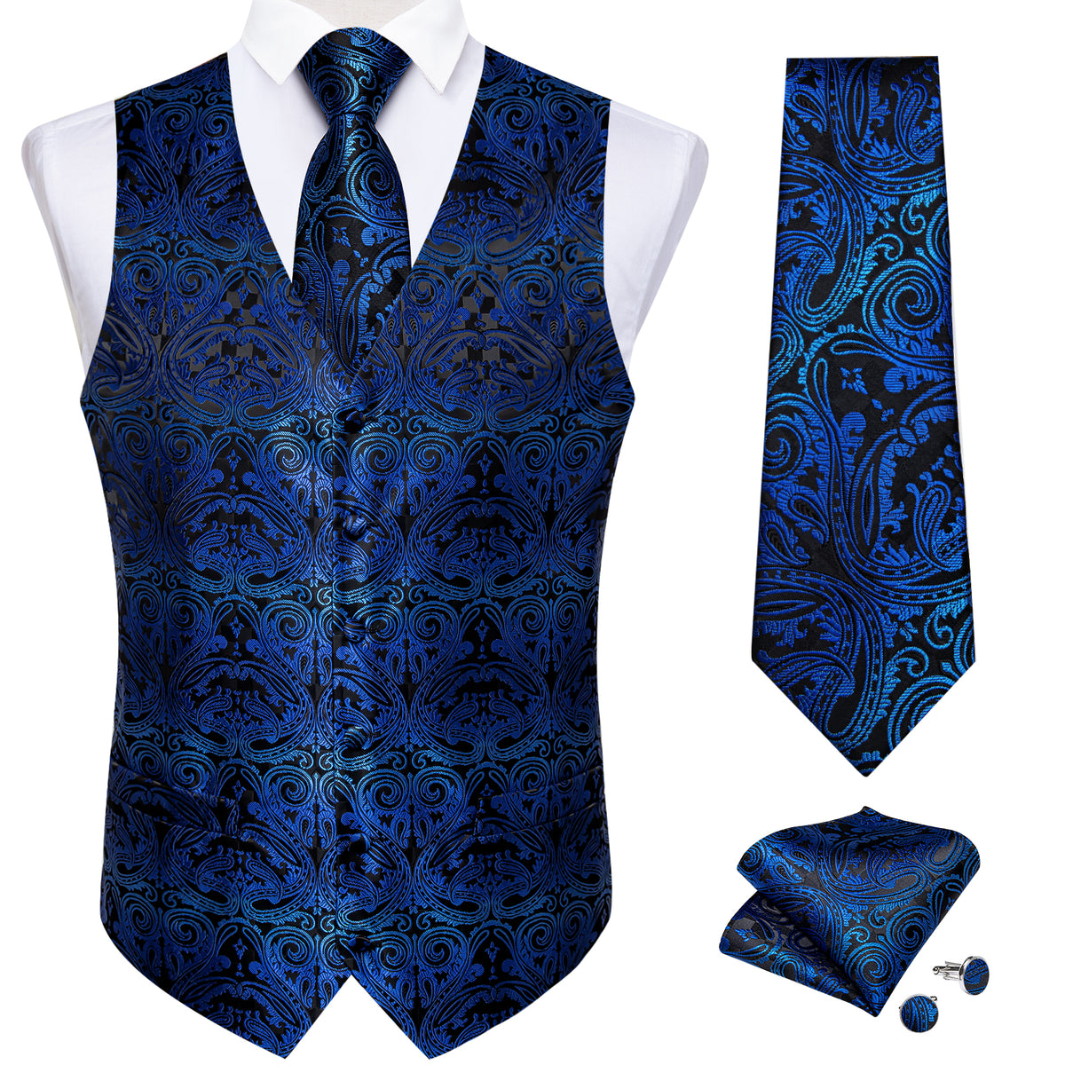 Black Blue Gradient Paisley Jacquard Silk Men's Vest Hanky Cufflinks T ...