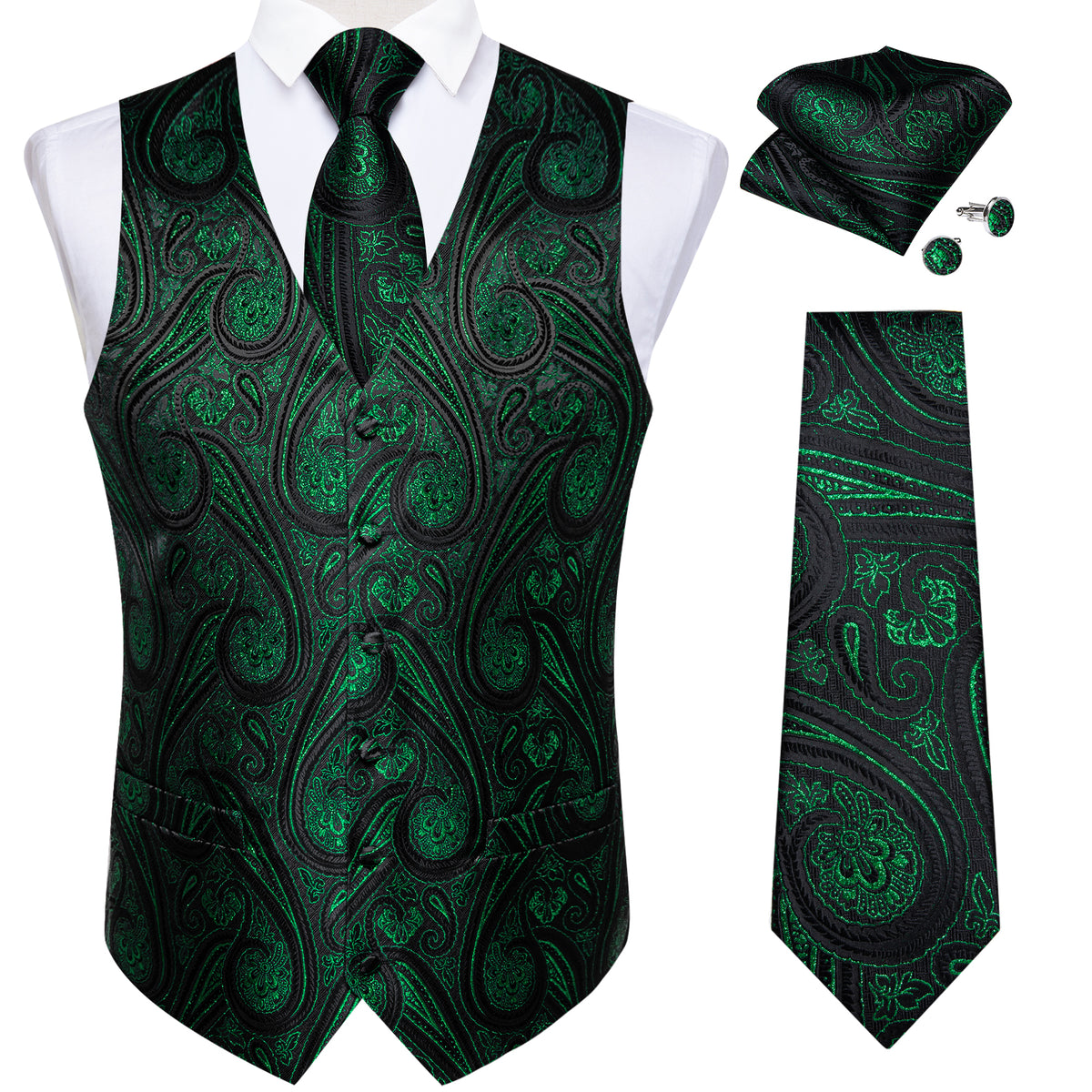 Black Green Paisley Jacquard Silk Men's Vest Hanky Cufflinks Tie Set ...
