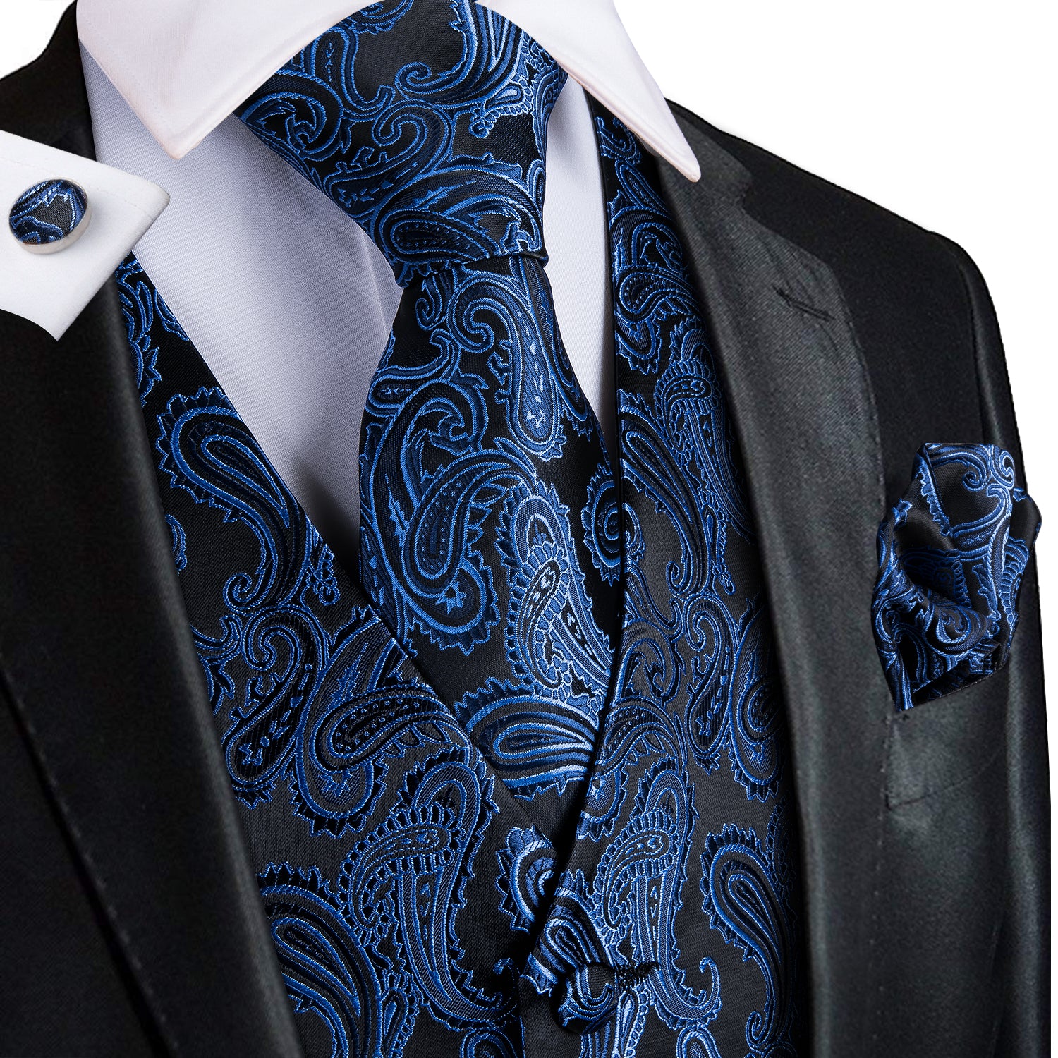 Luxury Black Blue Paisley Jacquard Silk Men's Vest Hanky Cufflinks Tie ...