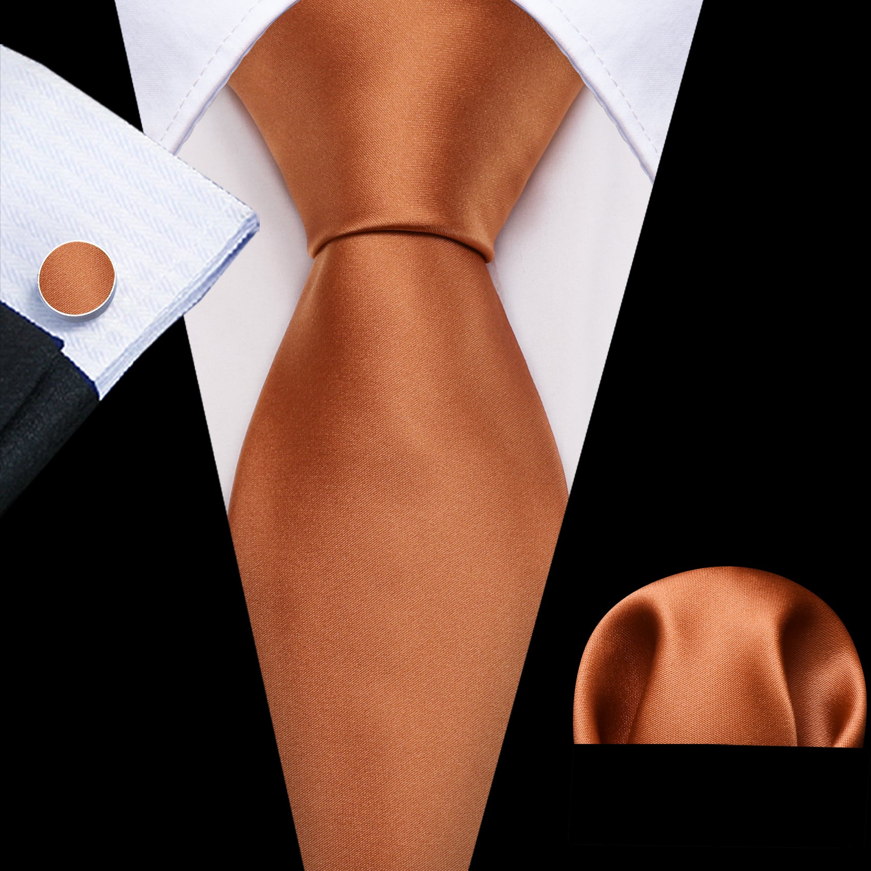 Earthy Orange Solid Silk Men's Necktie Hanky Cufflinks Set