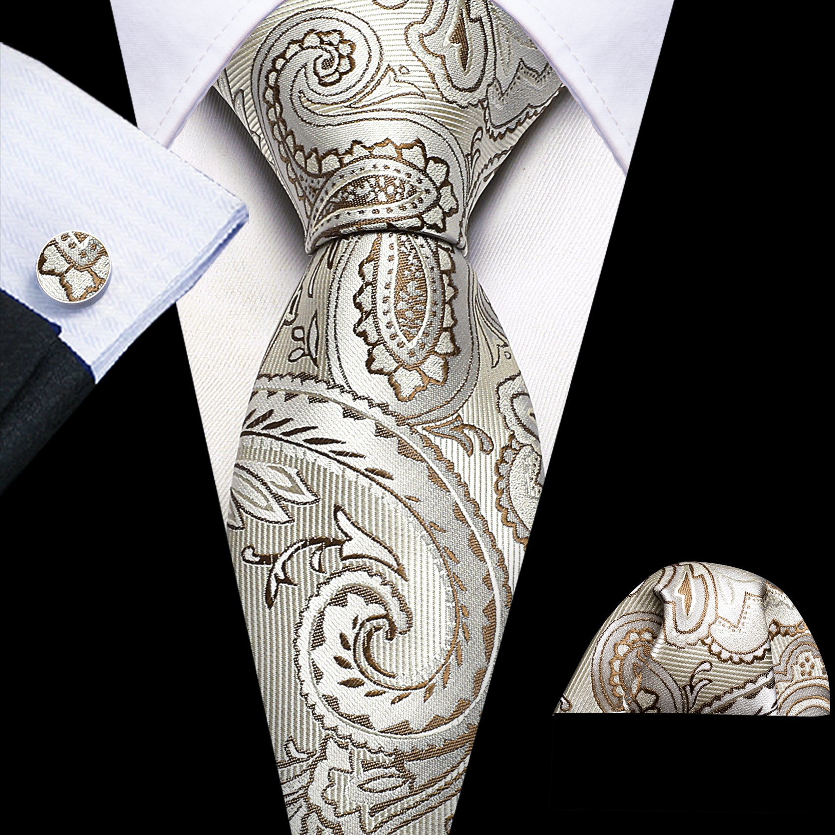 Champagne Brown Paisley Silk Men's Necktie Pocket Square Cufflinks Set