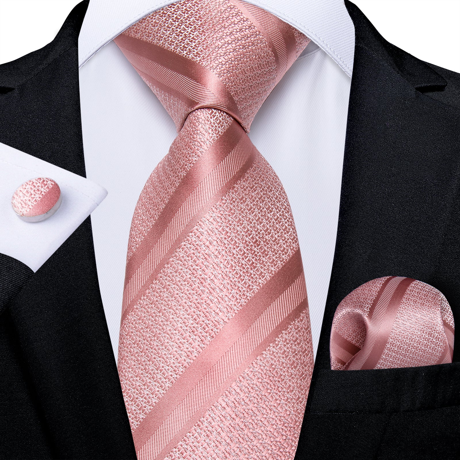 Pink Rose Striped Necktie Pocket Square Cufflinks Set